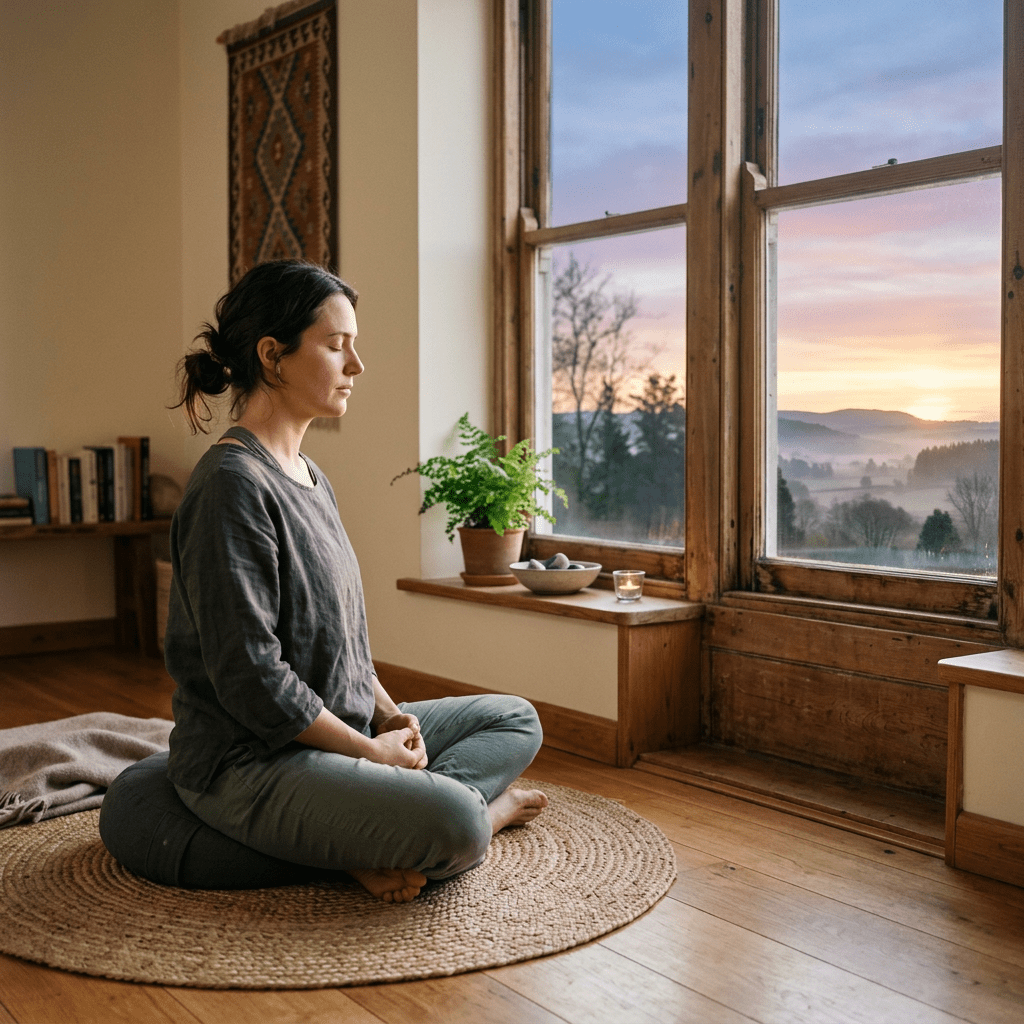 Woman sitting cross-legged on cushion meditating near window with sunrise view