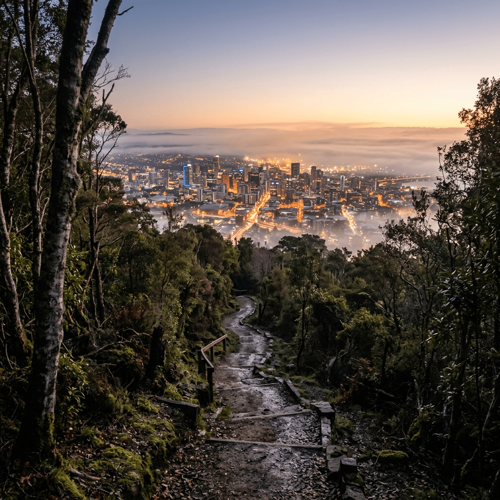 Forest trail descending toward illuminated city at dusk with mist and fog