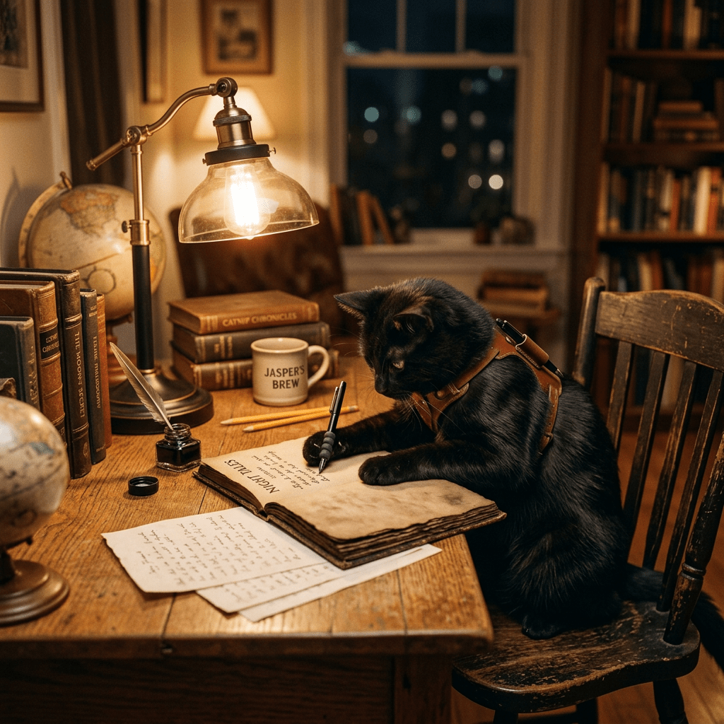 Black cat with leather harness writing in an old book at wooden desk with lamp and books