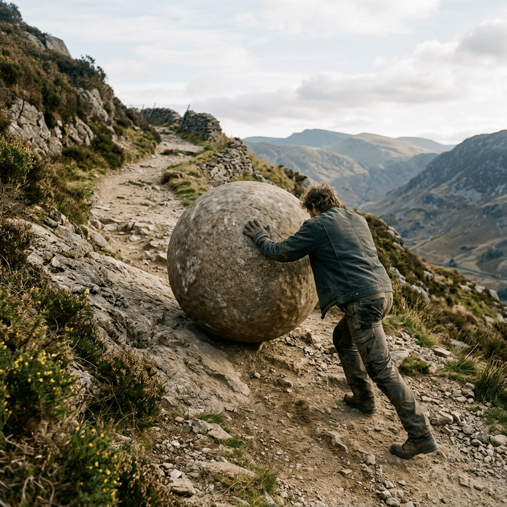 Man pushing large round stone uphill on rocky mountain trail