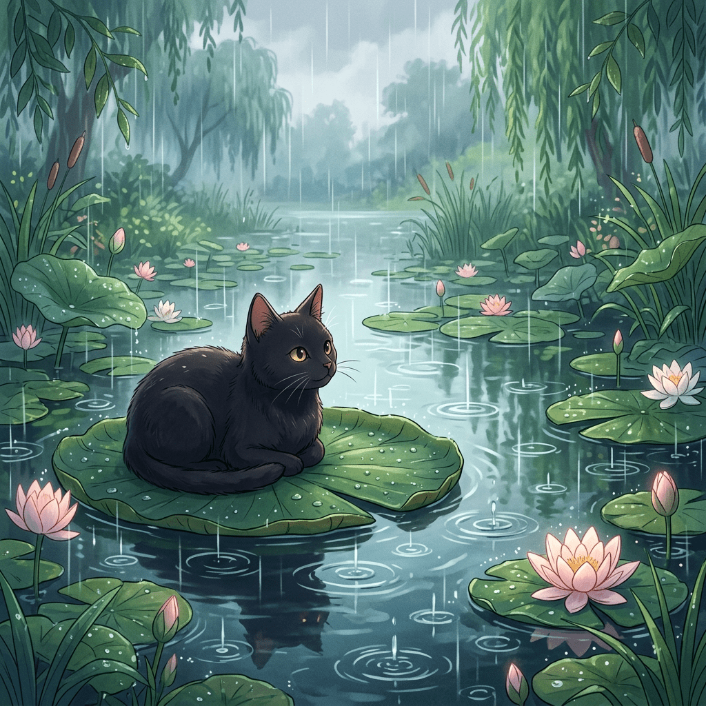 Black cat sitting on a large lily pad surrounded by rain and water lilies in a pond