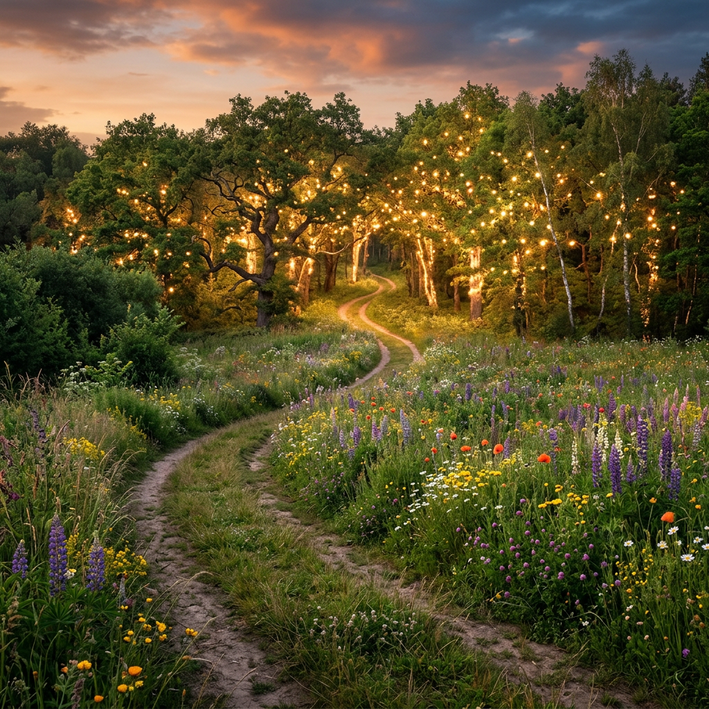 Winding meadow path transitioning into wildflowers and glowing trees