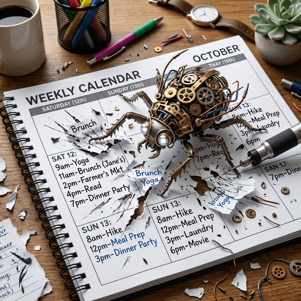 Clockwork insect on a weekly calendar labeled brunch, yoga, hikes, and meal prep