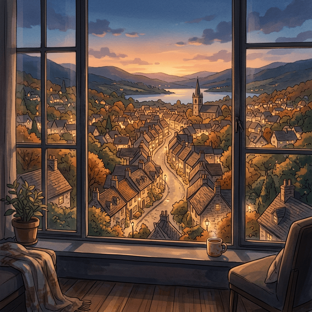Illustrated sunset view of a lakeside village through a window