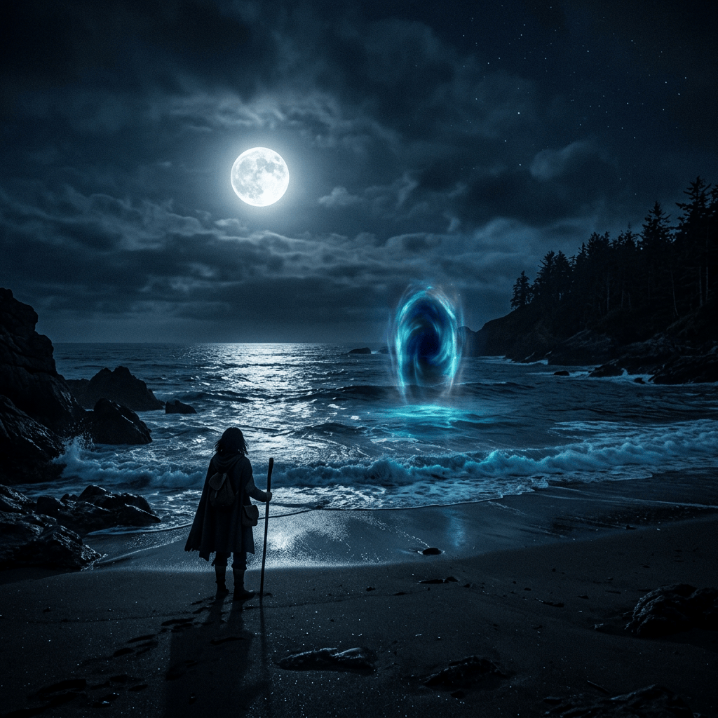 Lone cloaked traveler facing a glowing portal on a moonlit beach
