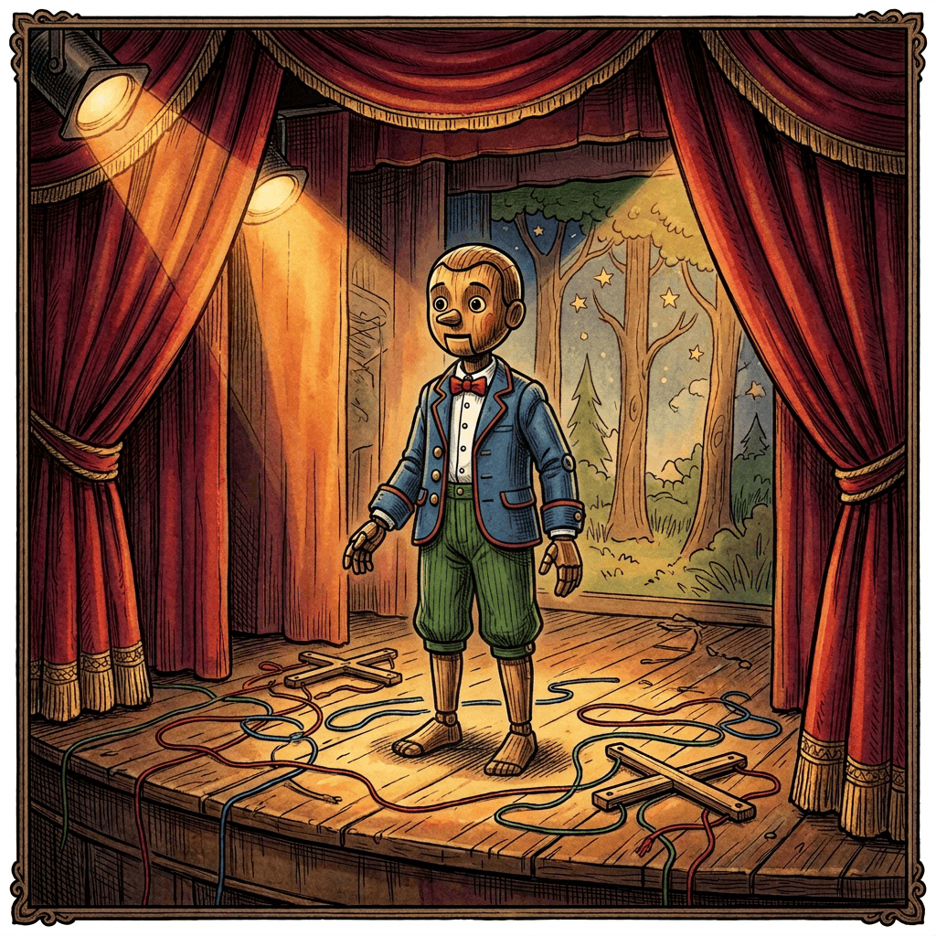 Wooden puppet standing on a theater stage with colorful strings and forest backdrop