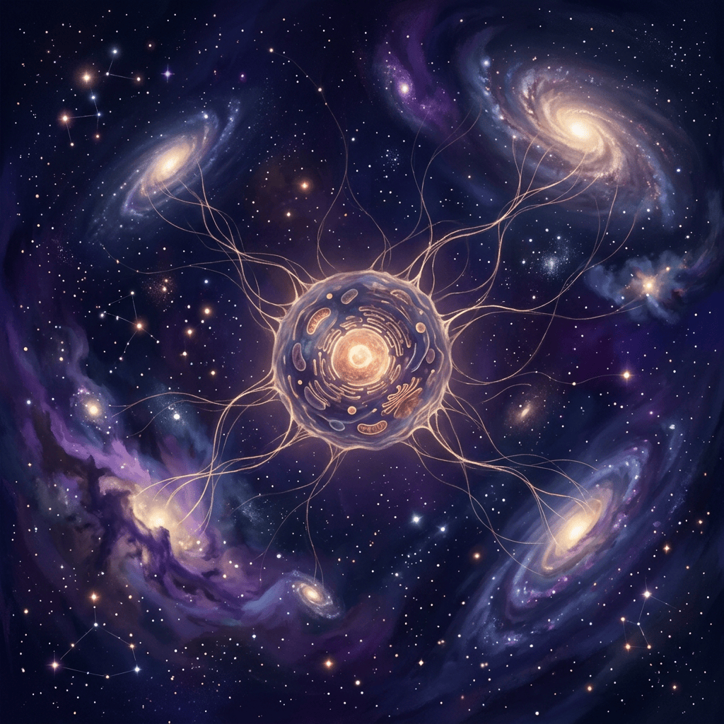 Glowing cell-like sphere connected by tendrils to four spiral galaxies