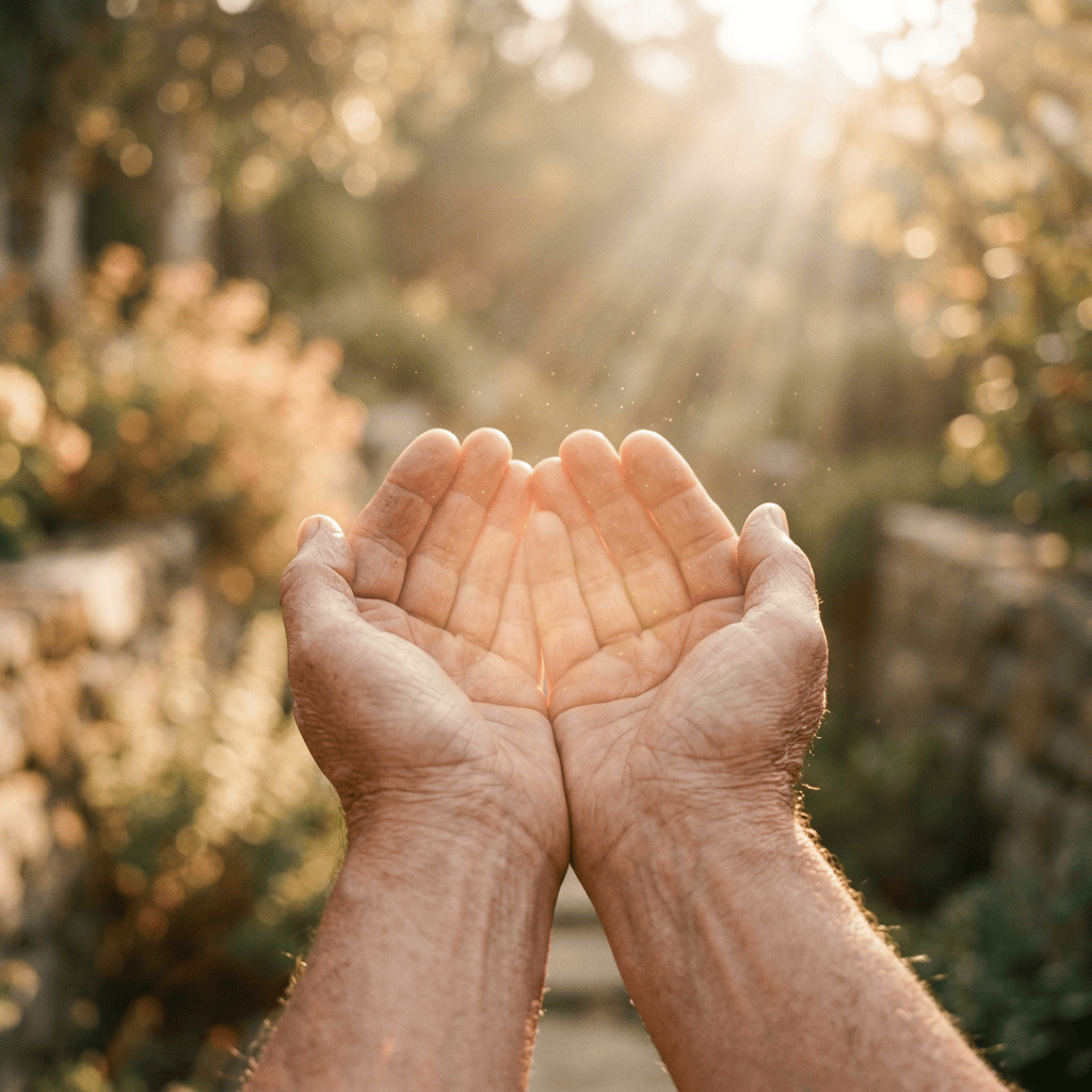 Open hands raised toward sunlight in a garden